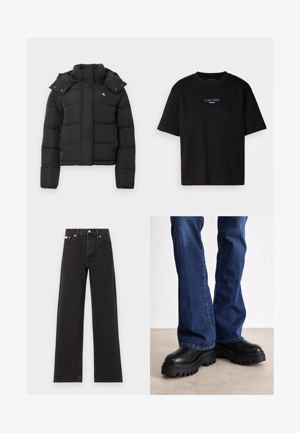 Black puffer jacket with high collar, detachable hood with snap buttons, and small white "CK" logo on the left chest.; Black cotton t-shirt with a round neck, short sleeves, and blue embroidered "Calvin Klein JEANS" logo on the front.; Black wide-leg jeans made of denim, featuring a high-rise waist, five-pocket styling, and a metal button closure with contrasting stitching.; Chunky black platform boots with textured rubber soles, rounded toe, and smooth leather upper, paired with blue flared jeans.