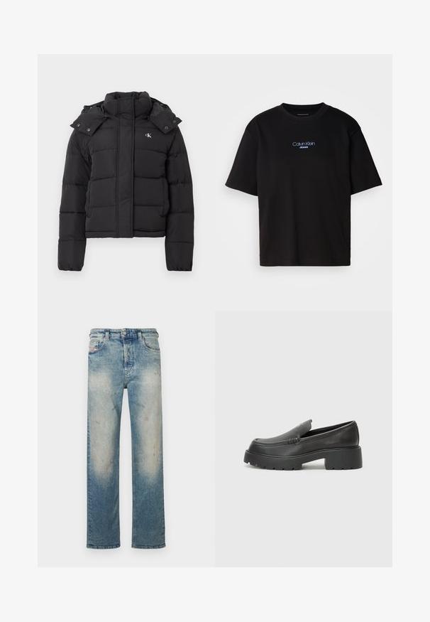 Juoda pūkinė striukė su aukštu apykakle, nuimama kapučino su spaudiniais ir mažu baltu "CK" logotipu kairiajame krūtinės gale.; Juodas medvilnės marškinėliai su apykakle, trumpomis rankovėmis ir mėlynai siuvinėtu "Calvin Klein JEANS" logotipu priekyje.; Šviesiai mėlynos džinsinės kelnės su tiesia kojų siluetu, nudėvėtu paviršiumi, lengvomis dėvėjimosi žymėmis ir klasikiniu penkių kišenių stiliumi.; Juodi odiniai loaferiai su apvaliu pirštu, storu tekstūruotu padu ir minimaliu siūlių dekoru. Išskirtinis dizainas be matomų raištelių ar furnitūros.