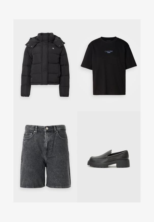 Black puffer jacket with high collar, detachable hood with snap buttons, and small white "CK" logo on the left chest.; Black cotton t-shirt with a round neck, short sleeves, and blue embroidered "Calvin Klein JEANS" logo on the front.; Black washed denim shorts with belt loops, front button, zipper closure, and classic five-pocket design.; Black leather loafers with a rounded toe, thick textured sole, and minimal stitching details. Sleek design with no visible laces or hardware.