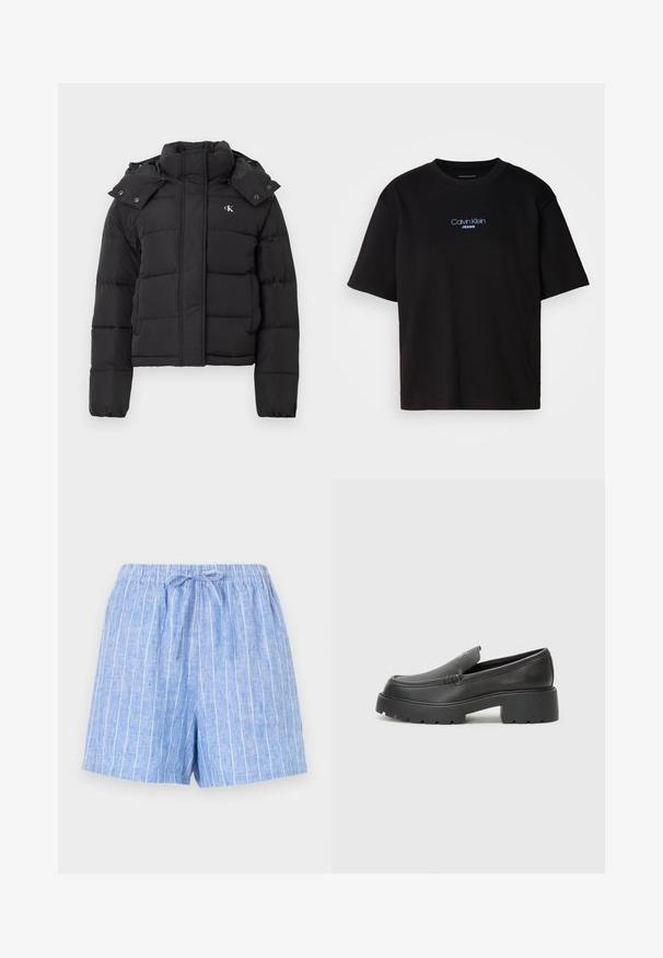 Musta puhvutakke, jossa on korkea kaulus, irrotettava huppu tappinapeilla ja pieni valkoinen "CK" -logo vasemmassa rinnassa.; Musta puuvillainen t-paita, jossa on pyöreä kaula-aukko, lyhyet hihat ja sininen brodeerattu "Calvin Klein JEANS" -logo edessä.; Vaaleansiniset pellavaiset shortsit, joissa on valkoisia pystyraitoja, joustava vyötärö ja edessä sidottava nauha.; Musta nahkakengät, joissa on pyöristetty kärki, paksu teksturoitu pohja ja vähäiset ompeluyksityiskohdat. Tyylikäs muotoilu, jossa ei ole näkyviä nauhoja tai metalliosia.