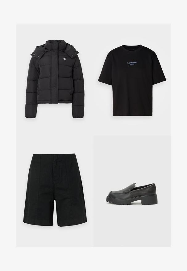 Svart pufferjakke med høy krage, avtakbar hette med trykknapper og liten hvit "CK"-logo på venstre bryst.; Sort bomull t-skjorte med rund hals, korte ermer, og blå brodert "Calvin Klein JEANS" logo på forsiden.; Sorte skreddersydde shorts laget av lett stoff, med en strukturert design med vertikale linjer og en rett kant. Ingen lommer synlige.; Sorte skinnloafers med rund tå, tykk teksturert såle og minimale sømdetaljer. Strømlinjeformet design uten synlige snørebånd eller hardvarer.