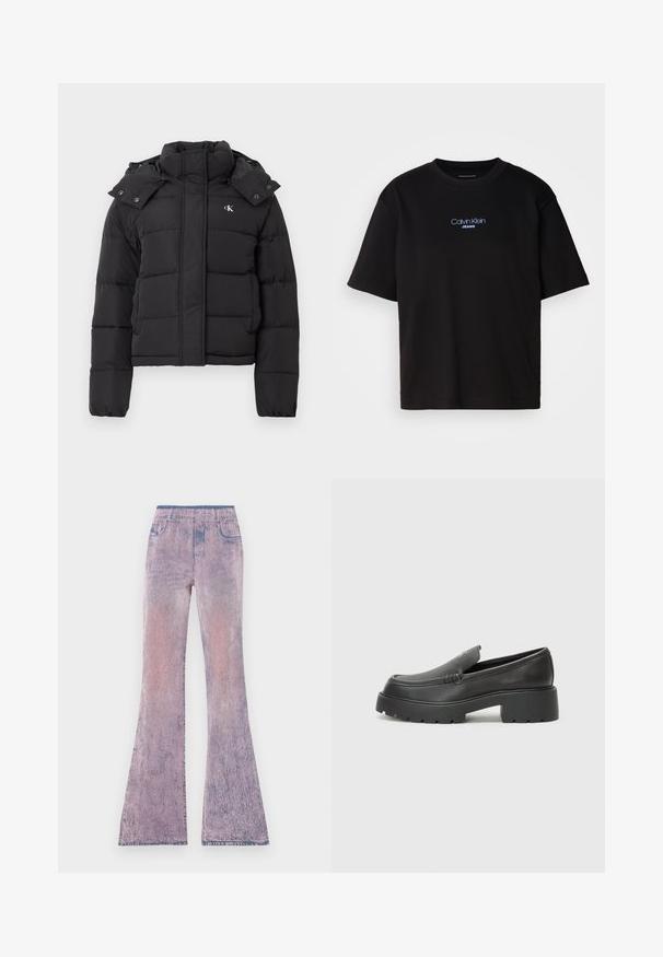 Černá péřová bunda s vysokým límcem, odepínací kapucí se cvoky a malým bílým logem "CK" na levé hrudi.; Černé bavlněné tričko s kulatým výstřihem a krátkými rukávy, s modrou vyšitou nášivkou "Calvin Klein JEANS" na přední straně.; Rozšířené džíny v gradientu pastelově růžové až fialové barvy s vybledlou texturou. Obsahují elastický pas a design s pěti kapsami.; Černé kožené mokasíny s okrouhlou špičkou, silnou strukturovanou podrážkou a minimálními detaily šití. Elegantní design bez viditelných tkaniček nebo kovových prvků.