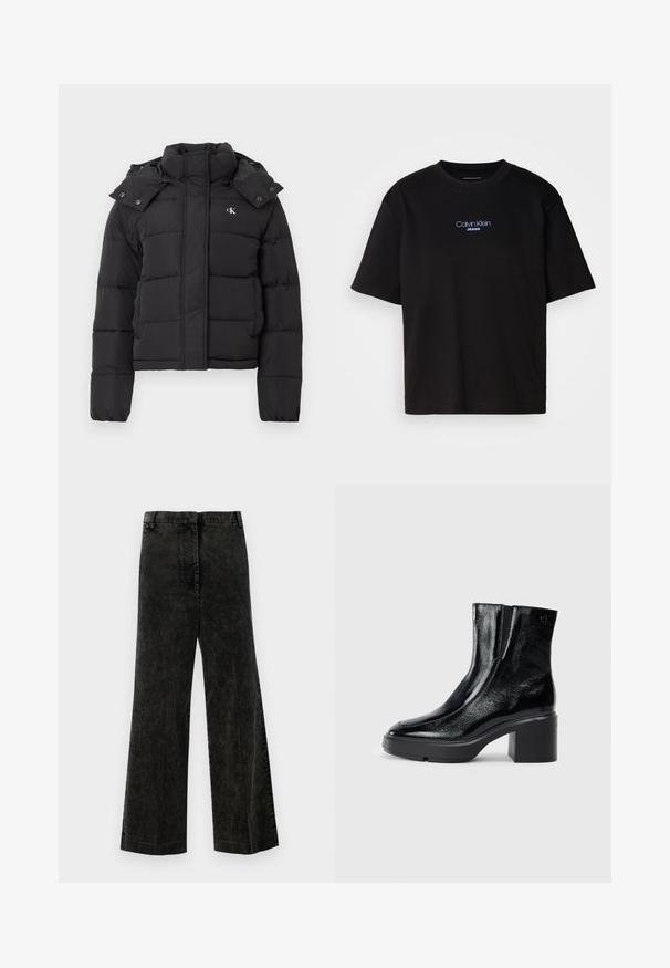 Zwarte pufferjack met hoge kraag, afneembare capuchon met drukknoopjes en klein wit "CK" logo op de linker borst.; Zwart katoenen T-shirt met ronde hals, korte mouwen en blauw geborduurd "Calvin Klein JEANS" logo op de voorkant.; Donkergrijze wijde jeans van katoen met een gestructureerde afwerking. Heeft een klassieke tailleband en rechte broekspijpen, gemaakt van duurzaam katoen.; Zwarte gepatenteerde leren enkellaarsjes met een gebogen neus, elastische zijpanelen en een chunky blokhak. Voorzien van een reliëflogo aan de achterkant.