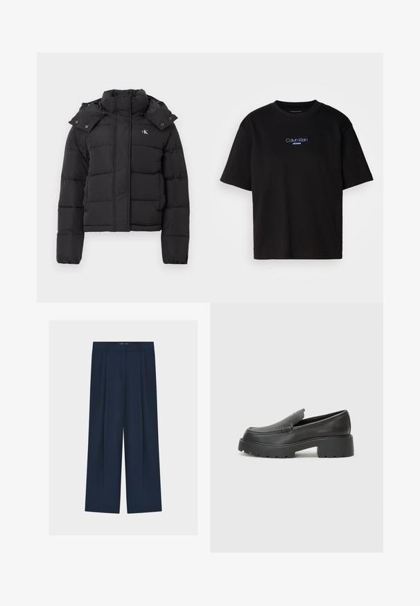 Doudoune noire avec col montant, capuche détachable avec boutons-pression, et petit logo "CK" blanc sur la poitrine gauche.; T-shirt en coton noir avec un col rond, des manches courtes et un logo brodé bleu "Calvin Klein JEANS" sur le devant.; Pantalon marine à jambes larges et taille haute, doté d'un design plissé, d'un tissu lisse et d'une fermeture avant dissimulée.; Mocassins en cuir noir avec un bout arrondi, une semelle épaisse et texturée, et des détails de couture minimalistes. Design épuré sans lacets ni métal visibles.