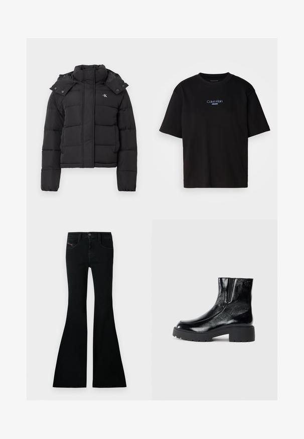 Crna puf jakna s visokim ovratnikom, odvojivom kapom na dugmad i malim bijelim "CK" logotipom na lijevoj strani prsiju.; Crna pamučna majica s okruglim izrezom, kratkim rukavima i plavim izvezenim logom "Calvin Klein JEANS" na prednjoj strani.; Crne flare traperice s visokim strukom, od traper tkanine, prednjim džepovima i malim logotipom na prednjem džepu.; Crne gležnjače s sjajnim lakiranim završetkom, debelim crnim gumastim potplatima i povišenim potpeticama; uključuju suptilan detalj loga sa strane.