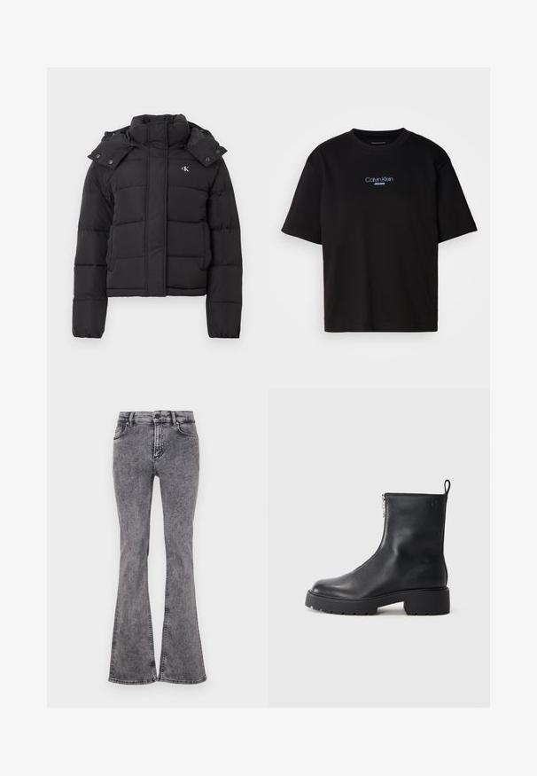Casaco acolchoado preto com gola alta, capuz destacável com botões de pressão e pequeno logótipo branco "CK" no lado esquerdo do peito.; T-shirt preta de algodão com gola redonda, mangas curtas e logo bordado azul "Calvin Klein JEANS" na parte da frente.; Calças de ganga pretas de boca larga com um efeito desbotado, apresentando cinco bolsos, fecho com zip e costura em contraste ao longo das costuras.; Botim de tornozelo em pele preta com fecho lateral, biqueira arredondada e sola robusta e texturizada. Marca discreta na lateral.