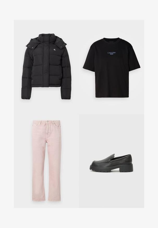 Čierna páperová bunda s vysokým golierom, odopínacou kapucňou so zacvakávacími gombíkmi a malým bielym logom "CK" na ľavom hrudníku.; Čierne bavlnené tričko s okrúhlym výstrihom, krátkymi rukávmi a modrým vyšívaným logom "Calvin Klein JEANS" na prednej strane.; Svetloružové džíny s rovnými nohavicami, piatimi vreckami a zipsom. Obsahujú detaily šitia a príslušenstvo vo striebornom tóne.; Čierne kožené mokasíny s okrúhlou špičkou, hrubou textúrovanou podrážkou a minimom stehovej výzdoby. Štíhly dizajn bez viditeľných šnúr alebo kovania.
