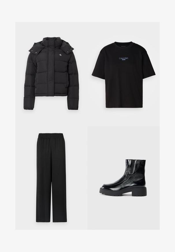 Chaqueta de plumas negra con alto cuello, capucha desmontable con botones a presión y pequeño logo blanco "CK" en el pecho izquierdo.; Camiseta de algodón negra con cuello redondo, manga corta y el logotipo azul bordado de "Calvin Klein JEANS" en el frente.; Pantalones negros de pierna ancha con cinturilla elástica, hechos de una tela suave y ligera. Presenta un corte recto y sin patrones visibles.; Botines negros con acabado de charol brillante, suela de goma negra gruesa y tacón elevado; incluye un sutil detalle del logo en el lateral.
