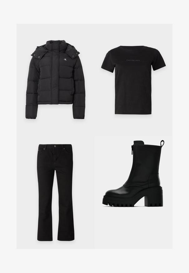 Crna puf jakna s visokim ovratnikom, odvojivom kapom na dugmad i malim bijelim "CK" logotipom na lijevoj strani prsiju.; Crna pamučna majica s okruglim izrezom i kratkim rukavima. Sadrži suptilni logotip u sivoj boji na području prsiju.; Crne traperice ravnog kroja s kopčanjem na gumbe i patentni zatvarač, peteljkama, te prednjim i stražnjim džepovima na bijeloj pozadini.; Crne kožne gležnjače s krupnim potplatom, blok-petom, bočnim zatvaračem i trakicom za povlačenje na stražnjoj strani, na jednostavnoj bijeloj pozadini.