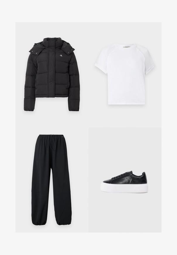 Schwarze Pufferjacke mit hohem Kragen, abnehmbarem Kapuzenschild mit Druckknöpfen und kleinem weißen "CK"-Logo auf der linken Brust.; Weißes Baumwoll-T-Shirt mit Rundhalsausschnitt, kurzen Raglanärmeln und lockerer Passform. Glatte Textur ohne sichtbare Muster oder Akzente.; Schwarze weit geschnittene Hosen aus leichtem Stoff. Sie verfügen über einen elastischen Bund mit Kordelzug und verstellbaren Bündchen am Saum.; Schwarze Leder-Sneaker mit weißer Plateausohle, runder Zehenpartie, Schnürdesign und kleinem geprägtem Logo an der Seite.