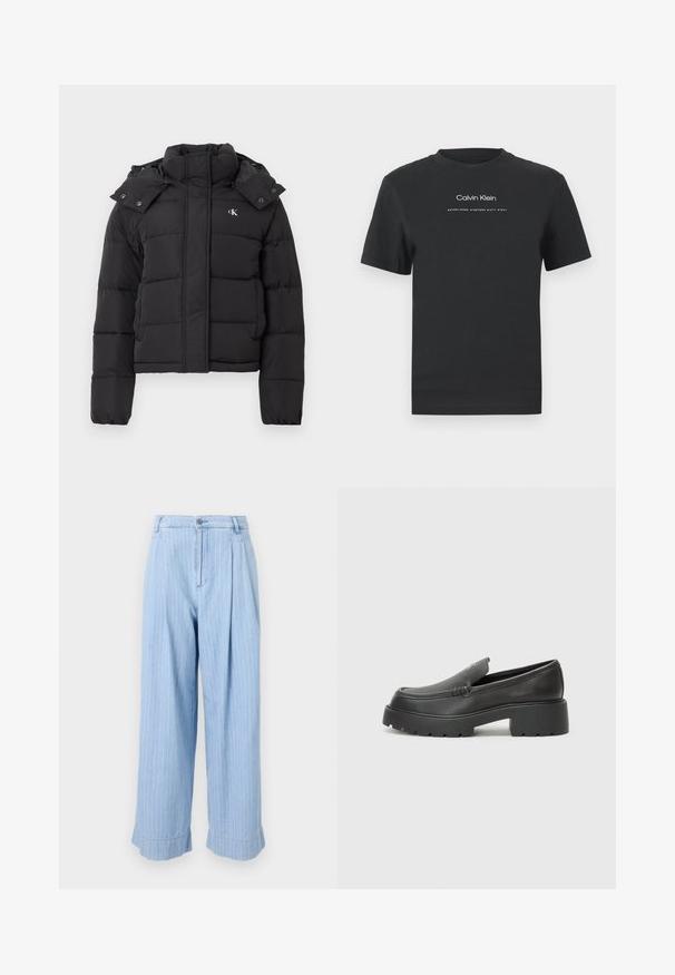 Fekete puffdzseki magas gallérral, levehető kapucnival, patentgombokkal, és kis fehér "CK" logóval a bal mellrészen.; Fekete pamut póló kerek nyakkivágással, rövid ujjakkal, fehér nyomott "Calvin Klein" logóval és "Established 1968" felirattal.; Világoskék farmernadrág, függőleges fehér csíkokkal, pleátolt elejével, széles lábaival és felgöngyölt szárakkal. Hagyományos farmer gomb és cipzár zárás.; Fekete bőr loafer cipők kerek orral, vastag, texturált talppal és minimális varrási részletekkel. Áramvonalas dizájn, látható fűzők vagy fém részek nélkül.