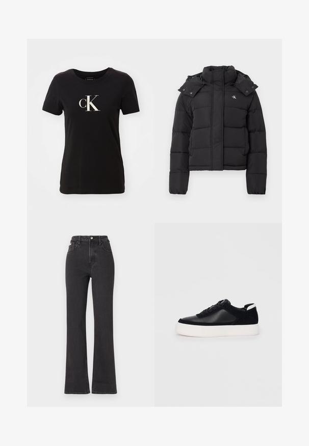 Casaco acolchoado preto com gola alta, capuz destacável com botões de pressão e pequeno logótipo branco "CK" no lado esquerdo do peito.; T-shirt preto de manga curta feito de algodão com decote redondo. Apresenta um grande logótipo branco "cK" na frente. Design simples, sem padrões.; Jeans flared pretos de cintura alta feitos de denim, com fecho de botão, passadores para cinto e bolsos laterais. Textura suave com desbotamento mínimo.; Sapatilha preta com painéis de pele lisa e camurça, atacadores planos, bico arredondado e sola de borracha branca. Logótipo distinto no calcanhar.