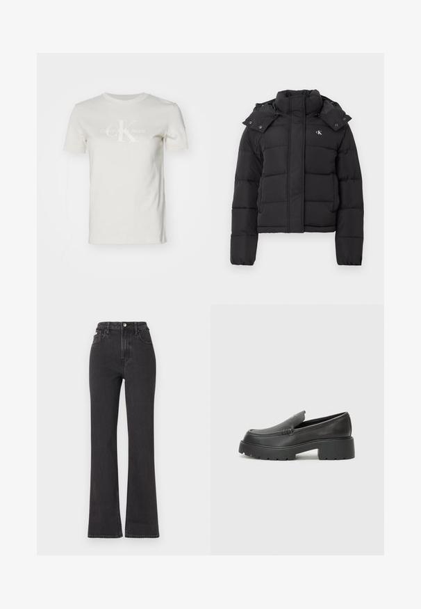 Black puffer jacket with high collar, detachable hood with snap buttons, and small white "CK" logo on the left chest.; White cotton t-shirt featuring a crew neckline and short sleeves. The front displays a subtle logo in light gray: "CK Calvin Klein Jeans."; Black high-waisted flared jeans made of denim, featuring a button closure, belt loops, and side pockets. Smooth texture with minimal fading.; Black leather loafers with a rounded toe, thick textured sole, and minimal stitching details. Sleek design with no visible laces or hardware.