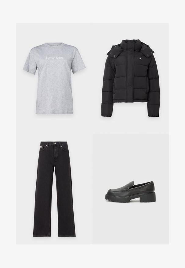Sort puffer-jakke med høj krave, aftagelig hætte med trykknapper og lille hvid "CK"-logo på venstre bryst.; Calvin Klein HERO LOGO REGULAR - T-shirts print - light grey; Sorte vidde jeans lavet af denim, med høj talje, fem-lomme stil og en metalknap lukning med kontrasterende syninger.; Sorte læder loafers med rund tå, tyk tekstureret sål og minimale syninger. Elegant design uden synlige snørebånd eller hardware.