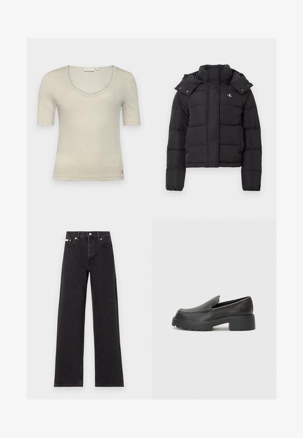 Black puffer jacket with high collar, detachable hood with snap buttons, and small white "CK" logo on the left chest.; Calvin Klein Jeans V NECK TEE - Basic T-shirt - pelican; Black wide-leg jeans made of denim, featuring a high-rise waist, five-pocket styling, and a metal button closure with contrasting stitching.; Black leather loafers with a rounded toe, thick textured sole, and minimal stitching details. Sleek design with no visible laces or hardware.