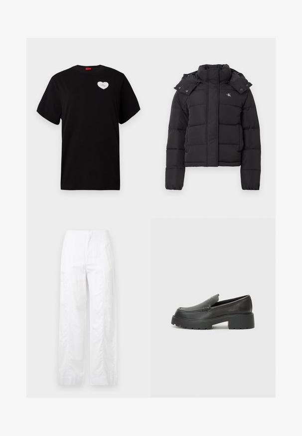 Casaco acolchoado preto com gola alta, capuz destacável com botões de pressão e pequeno logótipo branco "CK" no lado esquerdo do peito.; T-shirt preta de manga curta feita de algodão. Apresenta um retângulo branco em forma de coração com "Hugo" em fonte cursiva na área do peito esquerdo.; Calças brancas de perna larga feitas de um tecido leve, com uma textura suave, linhas limpas e um design de cintura alta.; Mocassins de couro preto com bico arredondado, sola espessa e texturizada, e detalhes de costura minimalistas. Design elegante sem atacadores ou ferragens visíveis.