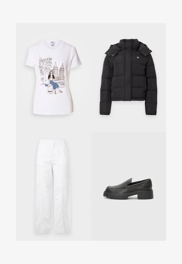Black puffer jacket with high collar, detachable hood with snap buttons, and small white "CK" logo on the left chest.; White cotton t-shirt featuring a black and white graphic of a girl, trees, and skyscrapers, with denim accents and “DKNY” branding.; White wide-leg trousers made of lightweight fabric, featuring a smooth texture, clean lines, and a high waist design.; Black leather loafers with a rounded toe, thick textured sole, and minimal stitching details. Sleek design with no visible laces or hardware.