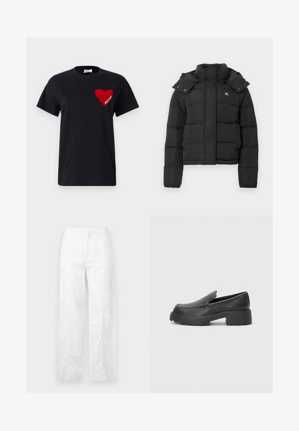 Mustmust pusa, millel on kõrge krae, eemaldatav kapuuts, milles on pressnupud, ja väike valge "CK" logo vasakul rinnaosas.; Musta puuvillane T-särk, millel on punane südame graafika, mille sees on sõna "TULEVIK", ümar kaelus ja lühikesed varrukad.; Valged laiad püksid, mis on valmistatud kergetest materjalidest, omades siledat tekstuuri, puhtaid jooni ja kõrget vöökohta.; Mustad nahast loafers ümarate varvastega, paksu tekstuuriga tald ja minimaalsete õmbluse detailidega. Viimistletud disain, kus pole nähtavaid paelu ega riistu.