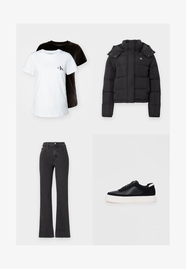 Melna pūkainā jaka ar augstu apkakli, noņemamu kapuci ar spiedpogām un mazu baltu "CK" logo kreisajā krūtī.; Divas īsām piedurknēm T-krekli baltā un melnā krāsā, izgatavoti no kokvilnas. Balto kreklu rotā neliels CK logo kreisā krūšu daļā.; Melnas augstā jostasvietā plati izgrieztas džinsus no denima, ar pogu aizdari, jostas cilpām un sānu kabatām. Gluda tekstūra ar minimālu izbalēšanu.; Melnas sporta kurpes ar gludu ādu un zamša paneļiem, plakaniem šņorēm, noapaļotu pirkstu daļu un baltu gumijas zolīti. Izteikts logo uz papēža.
