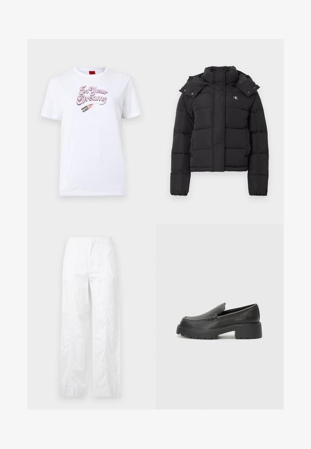 Mustmust pusa, millel on kõrge krae, eemaldatav kapuuts, milles on pressnupud, ja väike valge "CK" logo vasakul rinnaosas.; Valge puuvillane T-särk, millel on fraas "Sinu Unedes" roosas kirjas ja graafika huulepulga torust roosade aktsentidega.; Valged laiad püksid, mis on valmistatud kergetest materjalidest, omades siledat tekstuuri, puhtaid jooni ja kõrget vöökohta.; Mustad nahast loafers ümarate varvastega, paksu tekstuuriga tald ja minimaalsete õmbluse detailidega. Viimistletud disain, kus pole nähtavaid paelu ega riistu.