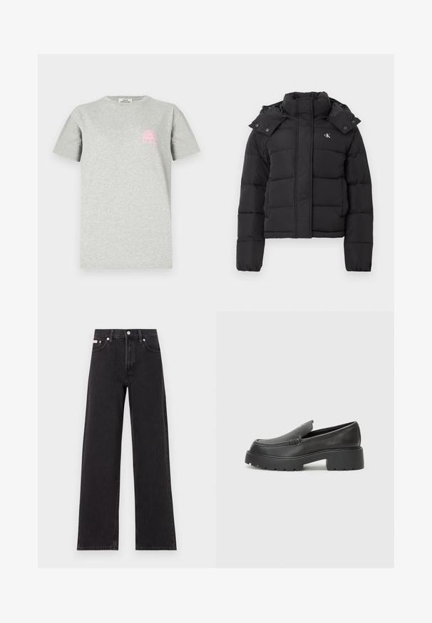 Black puffer jacket with high collar, detachable hood with snap buttons, and small white "CK" logo on the left chest.; Grey cotton t-shirt featuring a round neckline, short sleeves, and a pink graphic of an arch with sun rays on the left chest.; Black wide-leg jeans made of denim, featuring a high-rise waist, five-pocket styling, and a metal button closure with contrasting stitching.; Black leather loafers with a rounded toe, thick textured sole, and minimal stitching details. Sleek design with no visible laces or hardware.
