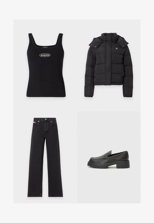 Black puffer jacket with high collar, detachable hood with snap buttons, and small white "CK" logo on the left chest.; Black ribbed tank top with a square neckline and embroidered "guess jeans" logo in white. Slim fit and smooth texture.; Black wide-leg jeans made of denim, featuring a high-rise waist, five-pocket styling, and a metal button closure with contrasting stitching.; Black leather loafers with a rounded toe, thick textured sole, and minimal stitching details. Sleek design with no visible laces or hardware.