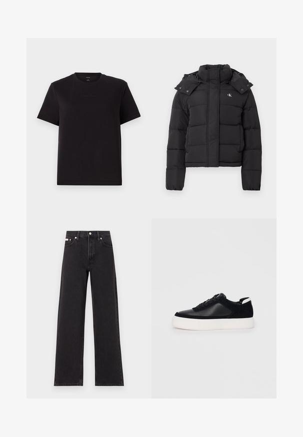 Casaco acolchoado preto com gola alta, capuz destacável com botões de pressão e pequeno logótipo branco "CK" no lado esquerdo do peito.; T-shirt de algodão preto com mangas curtas, decote redondo e logo subtil da Calvin Klein bordado no peito. Textura suave, corte descontraído.; Jeans de perna larga pretos feitos de denim, apresentando uma cintura alta, estilo de cinco bolsos e um fecho em botão de metal com costura contrastante.; Sapatilha preta com painéis de pele lisa e camurça, atacadores planos, bico arredondado e sola de borracha branca. Logótipo distinto no calcanhar.