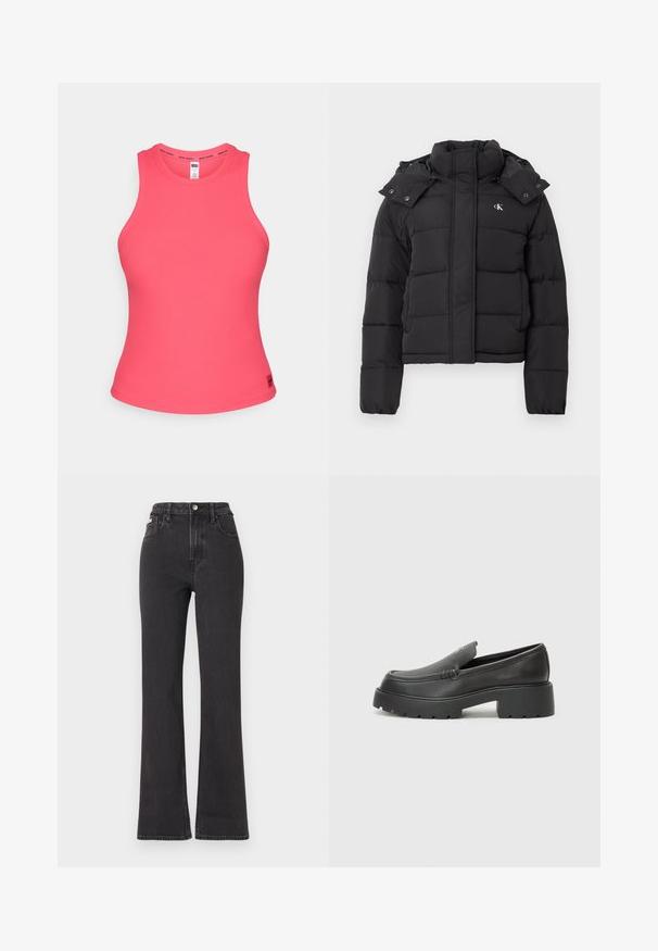 Casaco acolchoado preto com gola alta, capuz destacável com botões de pressão e pequeno logótipo branco "CK" no lado esquerdo do peito.; Top de alças rosa canelado com gola alta e cavas largas. Apresenta uma banda com logotipo na gola e uma silhueta ajustada. Material suave.; Jeans flared pretos de cintura alta feitos de denim, com fecho de botão, passadores para cinto e bolsos laterais. Textura suave com desbotamento mínimo.; Mocassins de couro preto com bico arredondado, sola espessa e texturizada, e detalhes de costura minimalistas. Design elegante sem atacadores ou ferragens visíveis.