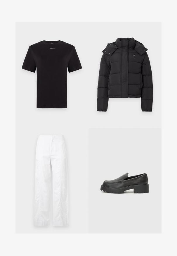 Black puffer jacket with high collar, detachable hood with snap buttons, and small white "CK" logo on the left chest.; Black cotton t-shirt with short sleeves, crew neck, and small white "Calvin Klein" logo at the chest. Smooth texture, classic fit.; White wide-leg trousers made of lightweight fabric, featuring a smooth texture, clean lines, and a high waist design.; Black leather loafers with a rounded toe, thick textured sole, and minimal stitching details. Sleek design with no visible laces or hardware.