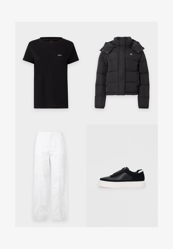 Melna pūkainā jaka ar augstu apkakli, noņemamu kapuci ar spiedpogām un mazu baltu "CK" logo kreisajā krūtī.; Melnā kokvilnas T-kreklā ar īsām piedurknēm, apaļu kakla izgriezumu un mazu, baltu izšūtu logotipu uz krūtīm. Gluda tekstūra un standarts izmērs.; Baltas, plaša kāju bikses, izgatavotas no viegla auduma, ar gludu tekstūru, tīrām līnijām un augstu jostasvietu.; Melnas sporta kurpes ar gludu ādu un zamša paneļiem, plakaniem šņorēm, noapaļotu pirkstu daļu un baltu gumijas zolīti. Izteikts logo uz papēža.