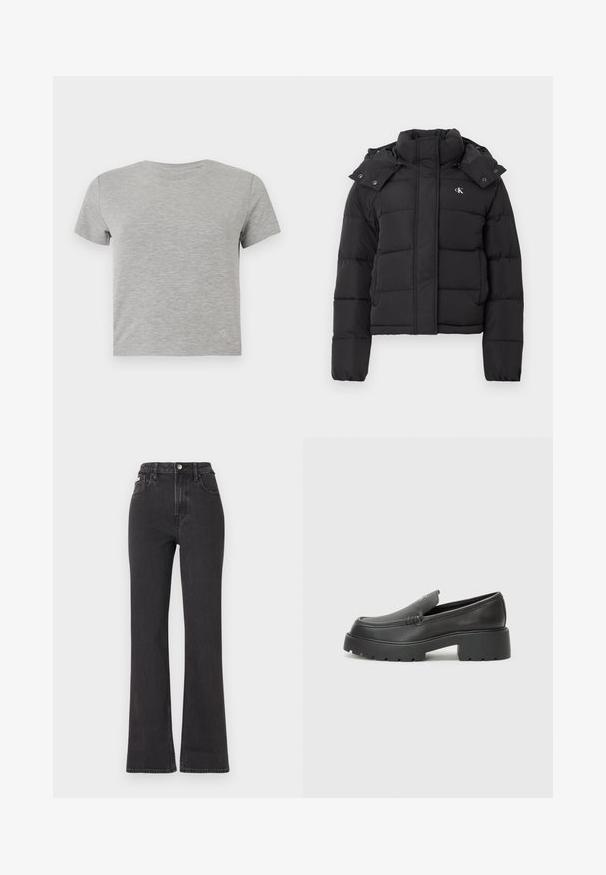 Casaco acolchoado preto com gola alta, capuz destacável com botões de pressão e pequeno logótipo branco "CK" no lado esquerdo do peito.; T-shirt cinza de manga curta feita de material suave, com decote redondo e um delicado logótipo de destaque no canto inferior direito.; Jeans flared pretos de cintura alta feitos de denim, com fecho de botão, passadores para cinto e bolsos laterais. Textura suave com desbotamento mínimo.; Mocassins de couro preto com bico arredondado, sola espessa e texturizada, e detalhes de costura minimalistas. Design elegante sem atacadores ou ferragens visíveis.