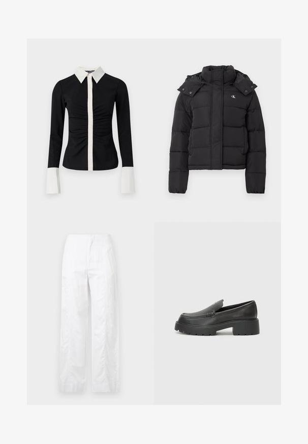 Črn puhovka z visokim ovratnikom, snemljivo kapuco s pritisnimi gumbi in majhnim belim logotipom "CK" na levem prsnem delu.; Črna dolga majica s širokim ovratnikom in zapenjanjem v beli barvi. Ima nabran sprednji del in kontrastne bele manšete, izdelana iz gladkega materiala.; Bela široka hlače iz lahkega materiala, ki se ponašajo z gladko teksturo, čistimi linijami in visokim pasom.; Črne usnjene loafers čevlje z zaobljenim nosom, debelim teksturiranim podplatom in minimalnimi šivi. Elegantna zasnova brez vidnih vezalk ali kovinskih delov.