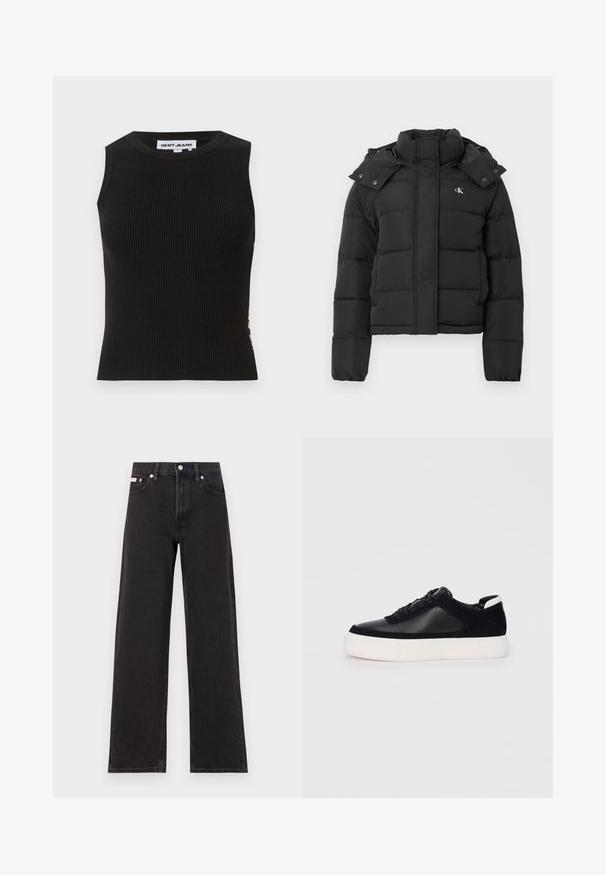 Casaco acolchoado preto com gola alta, capuz destacável com botões de pressão e pequeno logótipo branco "CK" no lado esquerdo do peito.; Top de alças preto com decote redondo, apresentando um design justo e uma textura subtil. As nervuras estendem-se por todo o tecido.; Jeans de perna larga pretos feitos de denim, apresentando uma cintura alta, estilo de cinco bolsos e um fecho em botão de metal com costura contrastante.; Sapatilha preta com painéis de pele lisa e camurça, atacadores planos, bico arredondado e sola de borracha branca. Logótipo distinto no calcanhar.