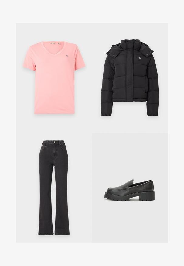 Black puffer jacket with high collar, detachable hood with snap buttons, and small white "CK" logo on the left chest.; Pink V-neck T-shirt made of soft cotton, featuring short sleeves and a small logo on the left chest. Simple, solid color design.; Black high-waisted flared jeans made of denim, featuring a button closure, belt loops, and side pockets. Smooth texture with minimal fading.; Black leather loafers with a rounded toe, thick textured sole, and minimal stitching details. Sleek design with no visible laces or hardware.