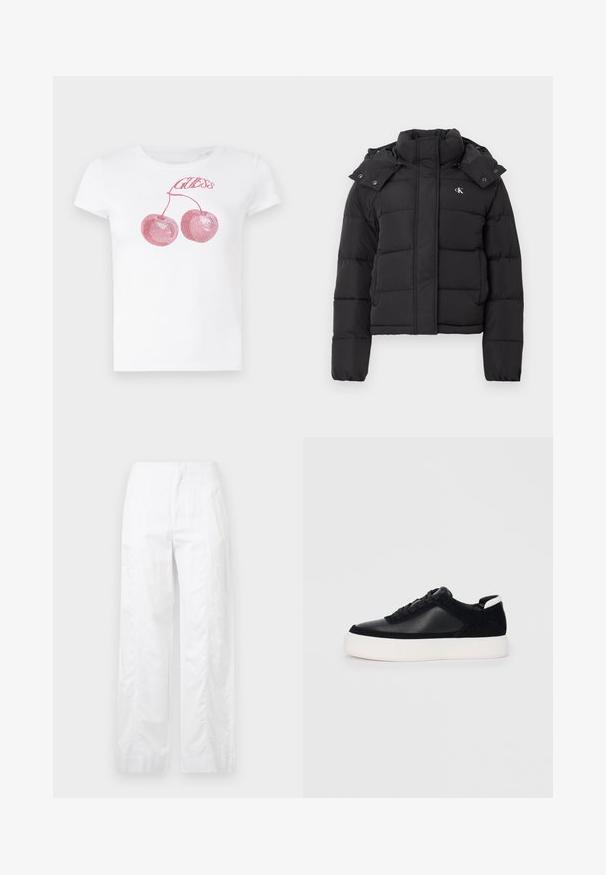 Black puffer jacket with high collar, detachable hood with snap buttons, and small white "CK" logo on the left chest.; White short-sleeve t-shirt featuring pink sequin cherries and "Guess" text above them. Classic crew neck design with a soft texture.; White wide-leg trousers made of lightweight fabric, featuring a smooth texture, clean lines, and a high waist design.; Black sneaker with smooth leather and suede panels, flat laces, rounded toe, and a white rubber sole. Distinct logo on the heel.