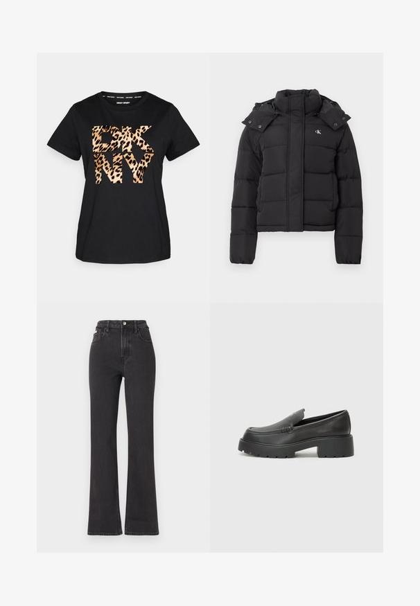 Černá péřová bunda s vysokým límcem, odepínací kapucí se cvoky a malým bílým logem "CK" na levé hrudi.; Černé bavlněné tričko s velkým leopardím potiskem loga "DKNY" ve středu. Design zahrnuje klasický kulatý výstřih a krátké rukávy.; Černé vysoké rozšířené džíny z denimu, se zapínáním na knoflík, poutky na opasek a bočními kapsami. Hladká textura s minimálním vyblednutím.; Černé kožené mokasíny s okrouhlou špičkou, silnou strukturovanou podrážkou a minimálními detaily šití. Elegantní design bez viditelných tkaniček nebo kovových prvků.
