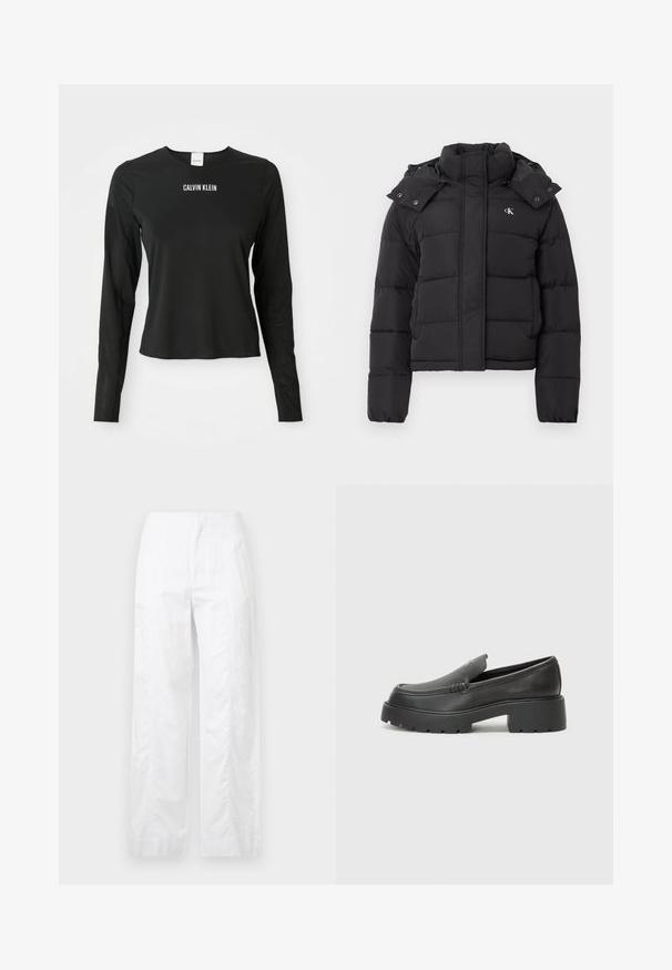 Casaco acolchoado preto com gola alta, capuz destacável com botões de pressão e pequeno logótipo branco "CK" no lado esquerdo do peito.; T-shirt preto de malha de manga longa com decote redondo, apresentando o logótipo branco "CALVIN KLEIN" centralizado no peito.; Calças brancas de perna larga feitas de um tecido leve, com uma textura suave, linhas limpas e um design de cintura alta.; Mocassins de couro preto com bico arredondado, sola espessa e texturizada, e detalhes de costura minimalistas. Design elegante sem atacadores ou ferragens visíveis.