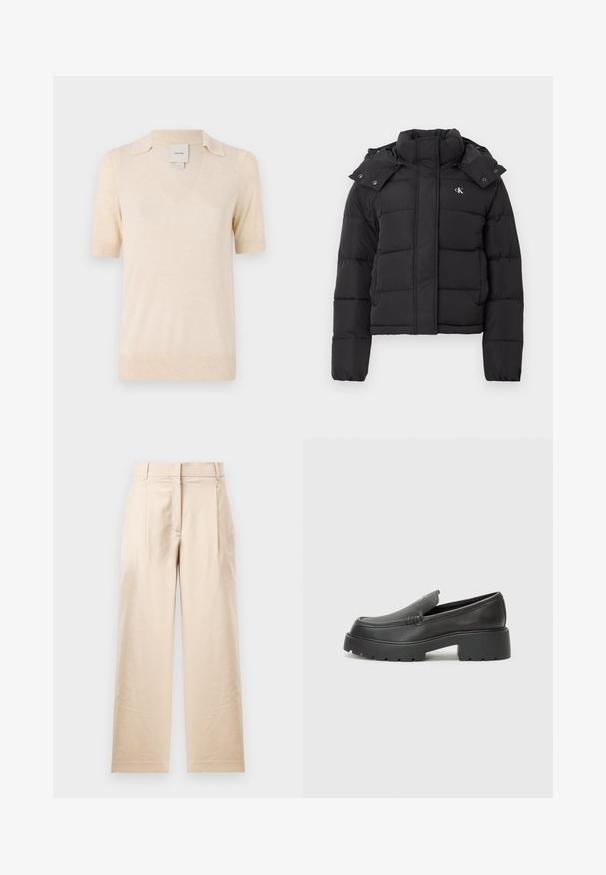 Casaco acolchoado preto com gola alta, capuz destacável com botões de pressão e pequeno logótipo branco "CK" no lado esquerdo do peito.; Camisa polo de manga curta em tom de creme, feita de um tecido macio, com um decote em V e um design de colarinho discreto.; Calças bege feitas de um tecido suave. Apresentam um corte reto, frente lisa e duas pregas. Sem padrões visíveis ou acessórios.; Mocassins de couro preto com bico arredondado, sola espessa e texturizada, e detalhes de costura minimalistas. Design elegante sem atacadores ou ferragens visíveis.