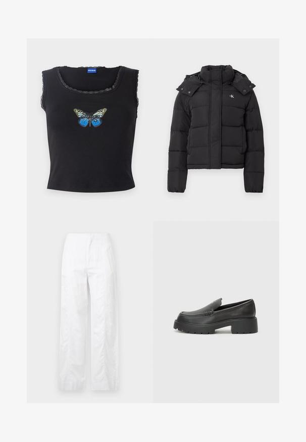 Casaco acolchoado preto com gola alta, capuz destacável com botões de pressão e pequeno logótipo branco "CK" no lado esquerdo do peito.; Top cropped preto com bordas onduladas, apresentando um gráfico colorido de uma borboleta e a palavra "Hugo" em caligrafia. Material de algodão suave.; Calças brancas de perna larga feitas de um tecido leve, com uma textura suave, linhas limpas e um design de cintura alta.; Mocassins de couro preto com bico arredondado, sola espessa e texturizada, e detalhes de costura minimalistas. Design elegante sem atacadores ou ferragens visíveis.