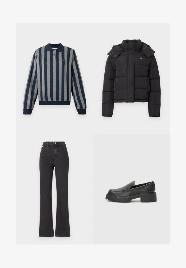 Casaco acolchoado preto com gola alta, capuz destacável com botões de pressão e pequeno logótipo branco "CK" no lado esquerdo do peito.; Polo de manga comprida com riscas verticais em azul-marinho e cinzento, com gola, pala de botões e bainha e punhos canelados.; Jeans flared pretos de cintura alta feitos de denim, com fecho de botão, passadores para cinto e bolsos laterais. Textura suave com desbotamento mínimo.; Mocassins de couro preto com bico arredondado, sola espessa e texturizada, e detalhes de costura minimalistas. Design elegante sem atacadores ou ferragens visíveis.