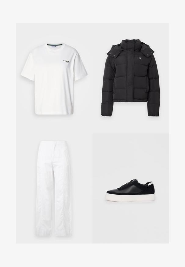 Melna pūkainā jaka ar augstu apkakli, noņemamu kapuci ar spiedpogām un mazu baltu "CK" logo kreisajā krūtī.; Balts kokvilnas T-krekls ar brīvu piegriezumu, kam ir zaļa izšūta logo kreisajā krūtī un apaļa kakla izgriezums. Gluda tekstūra.; Baltas, plaša kāju bikses, izgatavotas no viegla auduma, ar gludu tekstūru, tīrām līnijām un augstu jostasvietu.; Melnas sporta kurpes ar gludu ādu un zamša paneļiem, plakaniem šņorēm, noapaļotu pirkstu daļu un baltu gumijas zolīti. Izteikts logo uz papēža.