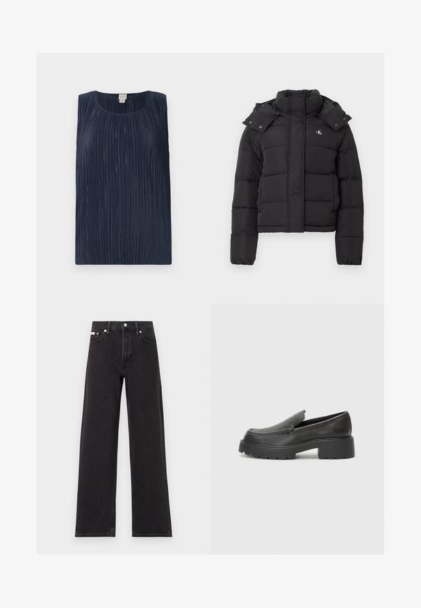 Musta puhvutakke, jossa on korkea kaulus, irrotettava huppu tappinapeilla ja pieni valkoinen "CK" -logo vasemmassa rinnassa.; Tummansininen ilman hihoja oleva toppi, jossa on teksturoitu poimutettu muotoilu, pyöreä pääntie ja pehmeä, sileä kangas. Ei näkyvää metalliosaa tai koristeita.; Mustat leveälahkeiset farkut, jotka on valmistettu denimistä, korkeavyötäröinen malli, viisi taskua, metallinappi sulkemiseen ja kontrastivärinen ompelu.; Musta nahkakengät, joissa on pyöristetty kärki, paksu teksturoitu pohja ja vähäiset ompeluyksityiskohdat. Tyylikäs muotoilu, jossa ei ole näkyviä nauhoja tai metalliosia.