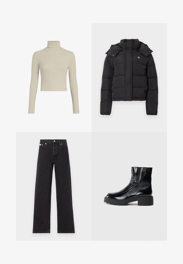 Crna puf jakna s visokim ovratnikom, odvojivom kapom na dugmad i malim bijelim "CK" logotipom na lijevoj strani prsiju.; Svijetlo bež rebrasti džemper s visokim ovratnikom i dugim rukavima, s uskim krojem. Ima diskretni logotip na rubu. Glatka tekstura.; Crne široke traperice od denima, s visokim strukom, pet džepova i metalnim zatvaranjem s kontrastnim šavovima.; Crne gležnjače s sjajnim lakiranim završetkom, debelim crnim gumastim potplatima i povišenim potpeticama; uključuju suptilan detalj loga sa strane.