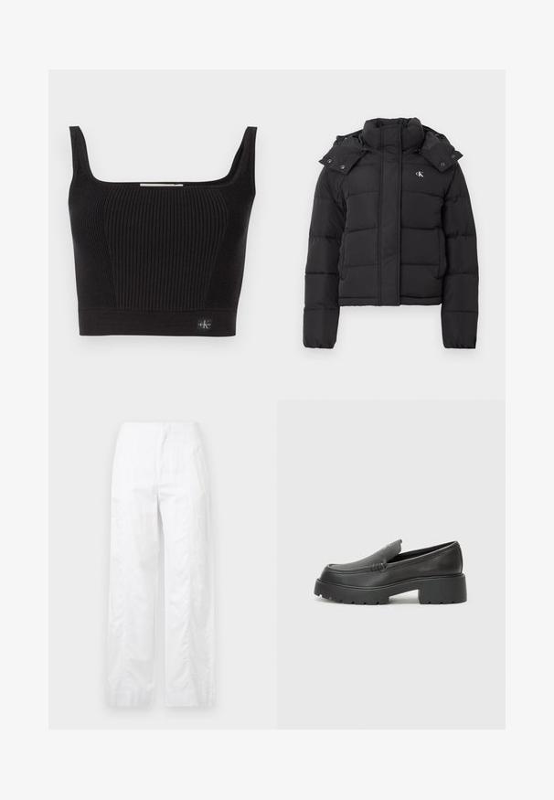 Čierna páperová bunda s vysokým golierom, odopínacou kapucňou so zacvakávacími gombíkmi a malým bielym logom "CK" na ľavom hrudníku.; Čierny rebrovaný crop top so širokými ramienkami, štvorecovým výstrihom a priliehavým strihom. Obsahuje malú logo nášivku vľavo dole.; Biele široké nohavice z ľahkej látky, s hladkou textúrou, čistými líniami a vysokým pásom.; Čierne kožené mokasíny s okrúhlou špičkou, hrubou textúrovanou podrážkou a minimom stehovej výzdoby. Štíhly dizajn bez viditeľných šnúr alebo kovania.