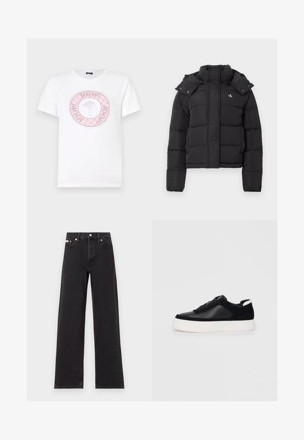 Crna puf jakna s visokim ovratnikom, odvojivom kapom na dugmad i malim bijelim "CK" logotipom na lijevoj strani prsiju.; Bijela pamučna majica s kratkim rukavima i okruglim izrezom, ukrašena ružičastim kružnim dizajnom s natpisom "JOOP!" i cvjetnim simbolom.; Crne široke traperice od denima, s visokim strukom, pet džepova i metalnim zatvaranjem s kontrastnim šavovima.; Crne tenisice s glatkom kožom i panelima od antilopa, ravne vezice, zaobljenim vrhom i bijelim gumeni potplat. Izraziti logo na peti.