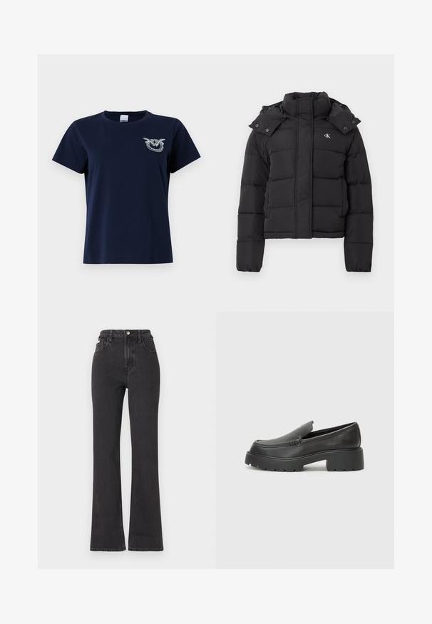 Μαύρο μπουφάν πούφ για τον χειμώνα με ψηλό γιακά, αποσπώμενη κουκούλα με κουμπιά και μικρό λευκό λογότυπο "CK" στην αριστερή πλευρά του στήθους.; Σατέν μπλούζα από βαμβάκι σε ναυτικό μπλε με κοντά μανίκια, που διαθέτει διακοσμητικό κεντημένο σχέδιο σε πολυχρωμα νήματα στο αριστερό στήθος.; Μαύρα ψηλόμεσα τζιν με φαρδιά γραμμή, κατασκευασμένα από τζιν, διαθέτουν κλείσιμο με κουμπί, θηλιές ζώνης και πλαϊνές τσέπες. Λείος υφή με ελάχιστη φθορά.; Μαύρα δερμάτινα loafers με στρογγυλή μύτη, χοντρή υφή σόλας και ελάχιστες ραφές. Κομψός σχεδιασμός χωρίς ορατά κορδόνια ή μεταλλικά στοιχεία.