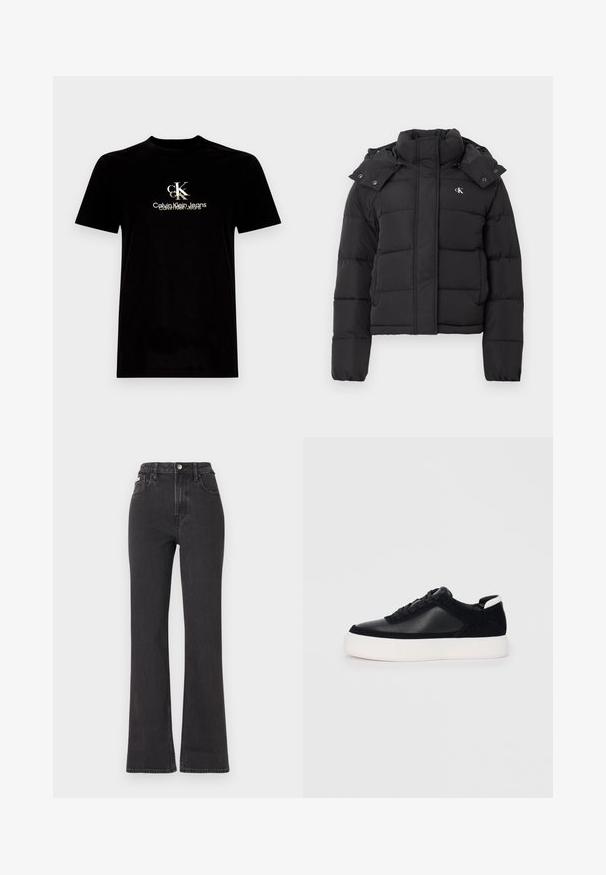 Jachetă puffer neagră cu guler înalt, glugă detașabilă cu capse și mic logo alb "CK" pe pieptul stâng.; Tricou negru din bumbac cu mâneci scurte, având un logo alb și auriu "CK" și textul "Calvin Klein Jeans" pe față. Croială standard.; Jeans negre cu talie înaltă, evazate, din denim, cu închidere prin buton, bucle pentru curea și buzunare laterale. Textură netedă, cu decolorare minimă.; Sneaker negru cu piele netedă și panouri din întăritură, șireturi plate, vârf rotund și talpă din cauciuc alb. Logo distinct pe călcâi.