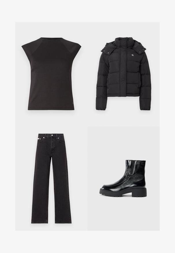 Sort puffer-jakke med høj krave, aftagelig hætte med trykknapper og lille hvid "CK"-logo på venstre bryst.; Sort kortærmet top med en rund halsudskæring og skrå skuldersømme. Fremstillet af glat stof med en tætsiddende pasform og ingen synlige mønstre.; Sorte vidde jeans lavet af denim, med høj talje, fem-lomme stil og en metalknap lukning med kontrasterende syninger.; Sorte ankelstøvler med en blank patentlæderfinish, chunky sort gummisål og hævet hæl; inkluderer subtilt logodetalje på siden.