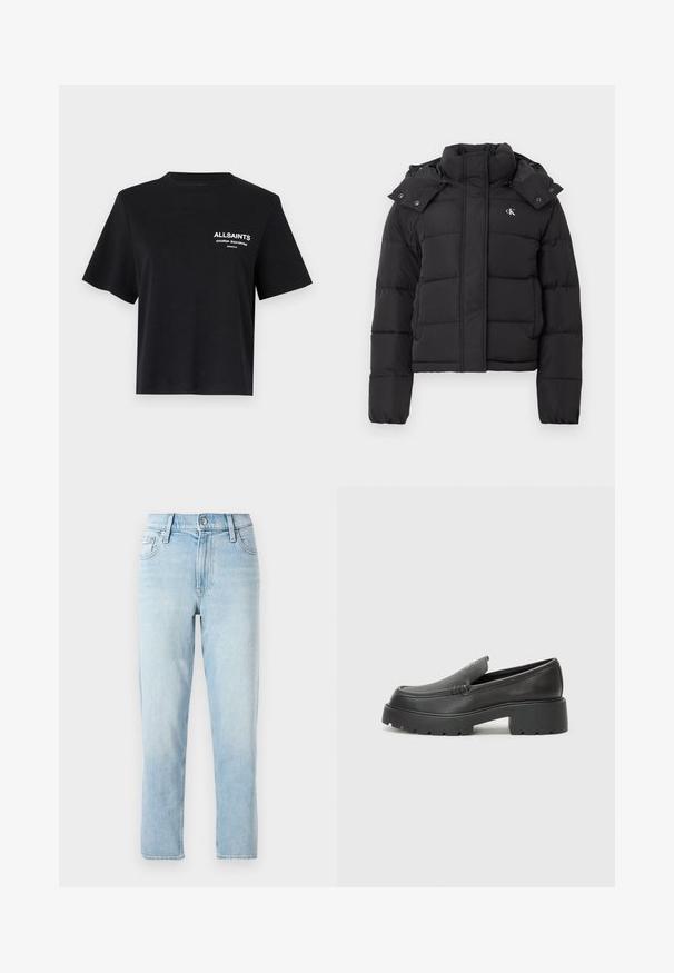 Svart pufferjakke med høy krage, avtakbar hette med trykknapper og liten hvit "CK"-logo på venstre bryst.; Svart bomull T-skjorte med rund hals og korte ermer. Har hvit trykt tekst på venstre brystområde. Enkel, avslappet passform.; Lyseblå denimjeans, rett ben-design, midjehøyde, med fem lommer og en knappelukking foran.; Sorte skinnloafers med rund tå, tykk teksturert såle og minimale sømdetaljer. Strømlinjeformet design uten synlige snørebånd eller hardvarer.