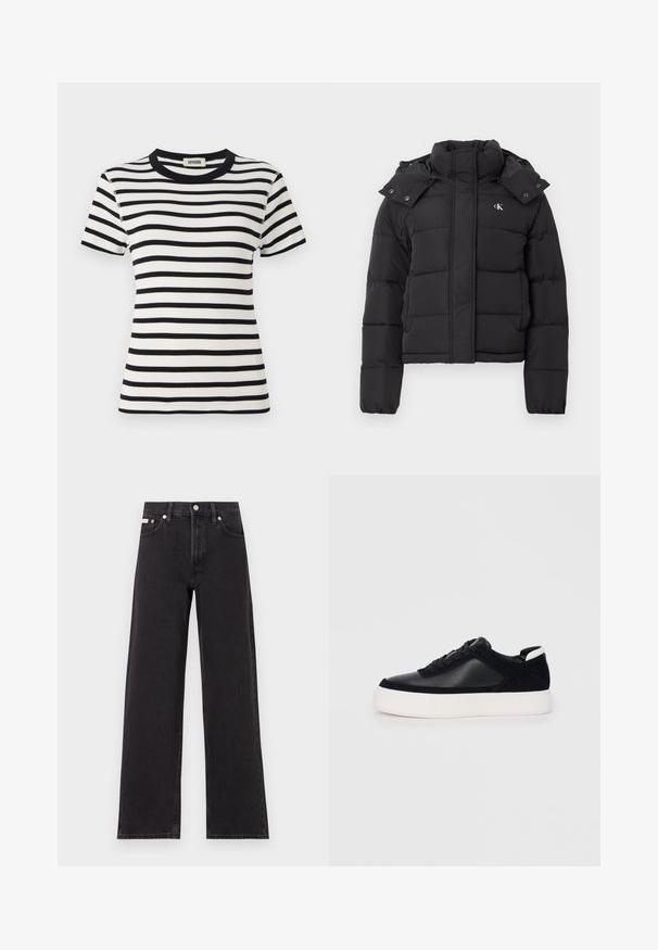 Svart pufferjakke med høy krage, avtakbar hette med trykknapper og liten hvit "CK"-logo på venstre bryst.; Svart- og hvitstribet kortermet t-skjorte med rund ribbestrikket hals og en tettsittende design. Stoffet ser teksturert og elastisk ut.; Svart bredbente jeans laget av denim, med høy livvidde, fem lommer, og metallknapp med kontrasterende søm.; Svart sneakers med glatt skinn og semsket skinnpaneler, flate snørebånd, rund tå og hvit gummisåle. Distinkt logo på hælen.